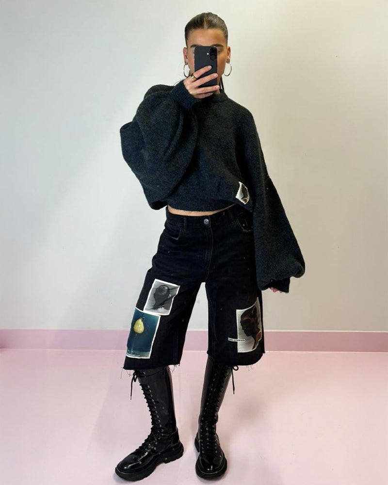 Camille Cropped Knitted Sweater | Black