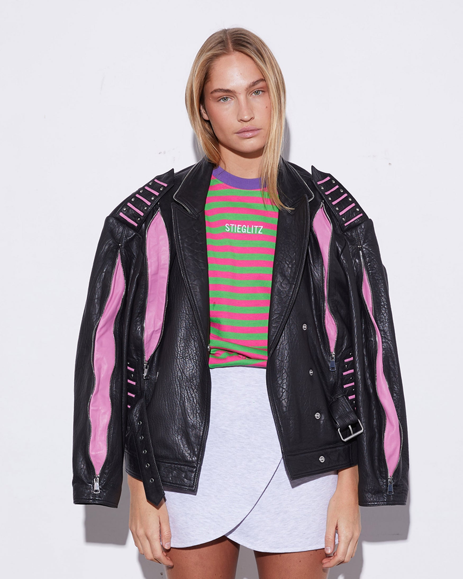Pink and black leather jacket store