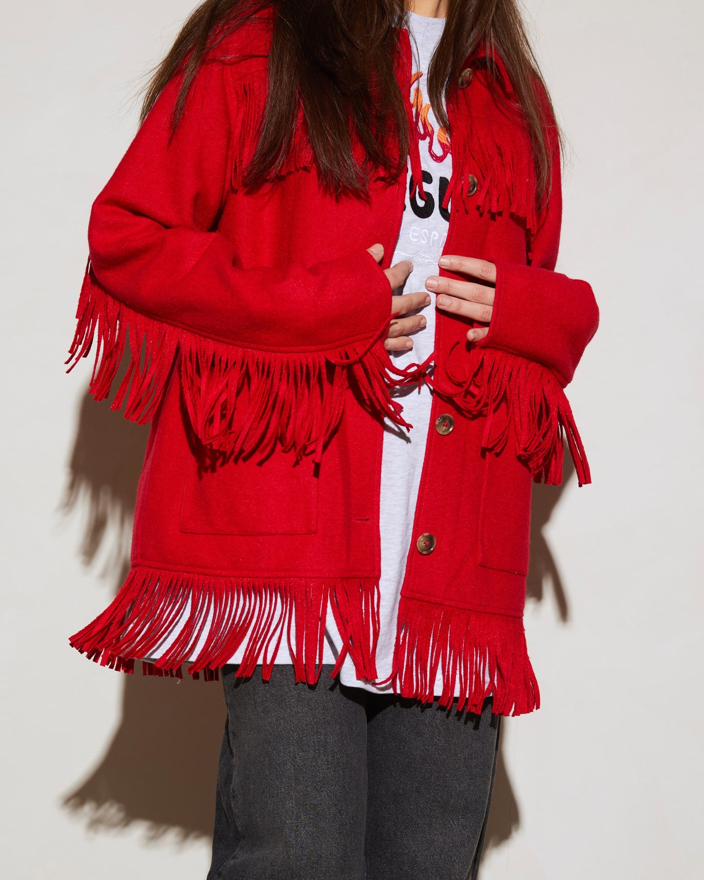 Wool Fringe Jacket Red